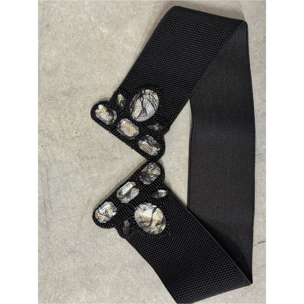 Black Elastic Waist Belt with Decorative Silver Accents